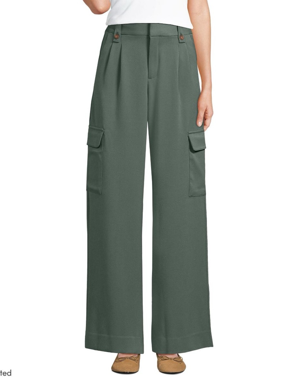 Lands End 14P Wide Leg Cargo Pants High Rise Comfy Flowy Stretchy Pleated Green